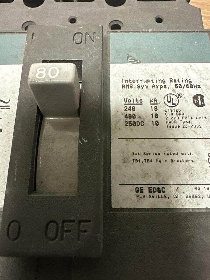 Used GE,TED134080,80 Amp 480 VAC 250 VDC 3 Pole Circuit Breaker