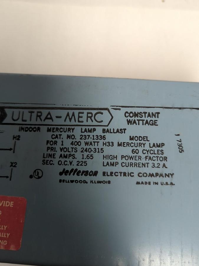 JEFFERSON ELECTRIC,237-1336,ULTRA-MERC MERCURY LAMP INDOOR BALLAST NOS