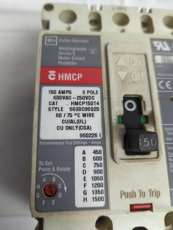 Used CUTLER HAMMER,HMCP150T4,MOTOR CIRCUIT PROTECTOR 150 AMP 600V 3-POLE PRE-OWNED