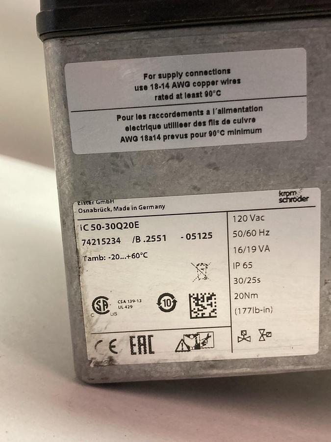 Used Krom Schroder,IC50-30Q20E,Actuator 120Vac 50/60Hz 16/19Va 20Nm