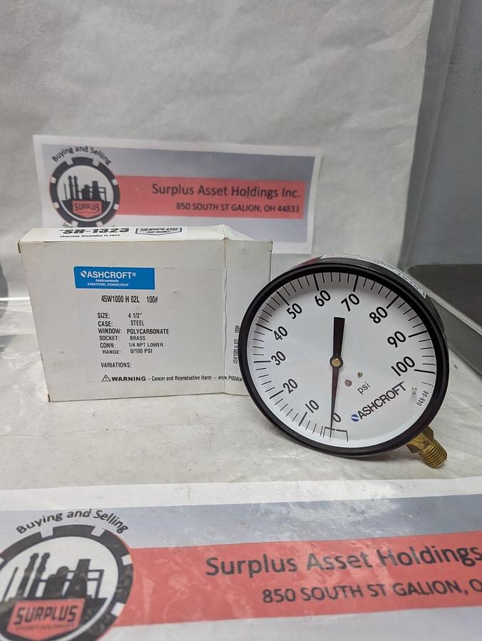ASHCROFT,45W1000 H 02L,GAUGE 4-1/2 IN FACE 1/4 IN NPT BOTTOM CONNECTION 0-100PSI