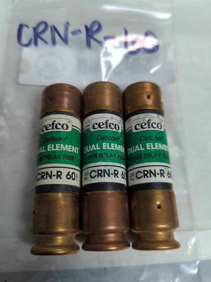 Used CEFCO,CRN-R-60,DUAL ELEMENT FUSE 60 AMP LOT OF 3 PRE-OWNED