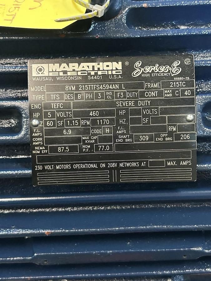 Used MARATHON ELECTRIC,8VM215TTFS4594ANL,MOTOR 5HP 460V 1170RPM 3PH 215TC FRAME