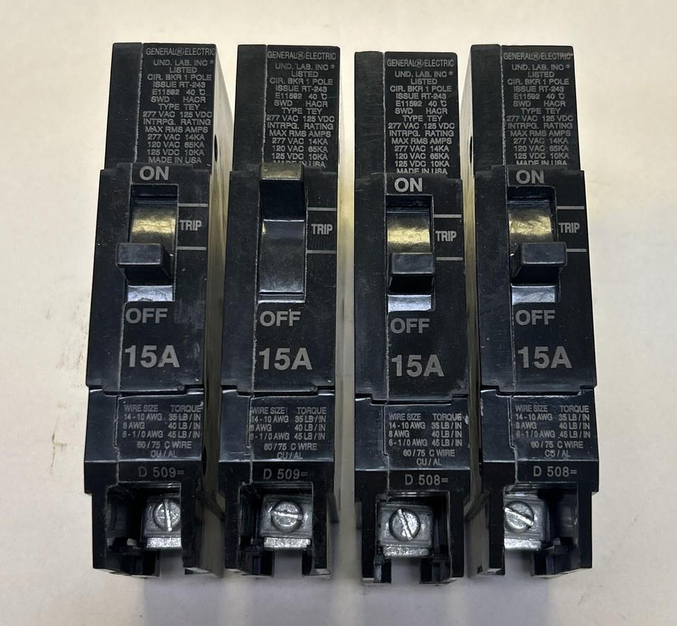 Used GENERAL ELECTRIC,TEY115,CIRCUIT BREAKER 15A 277V 1P LOT OF 4