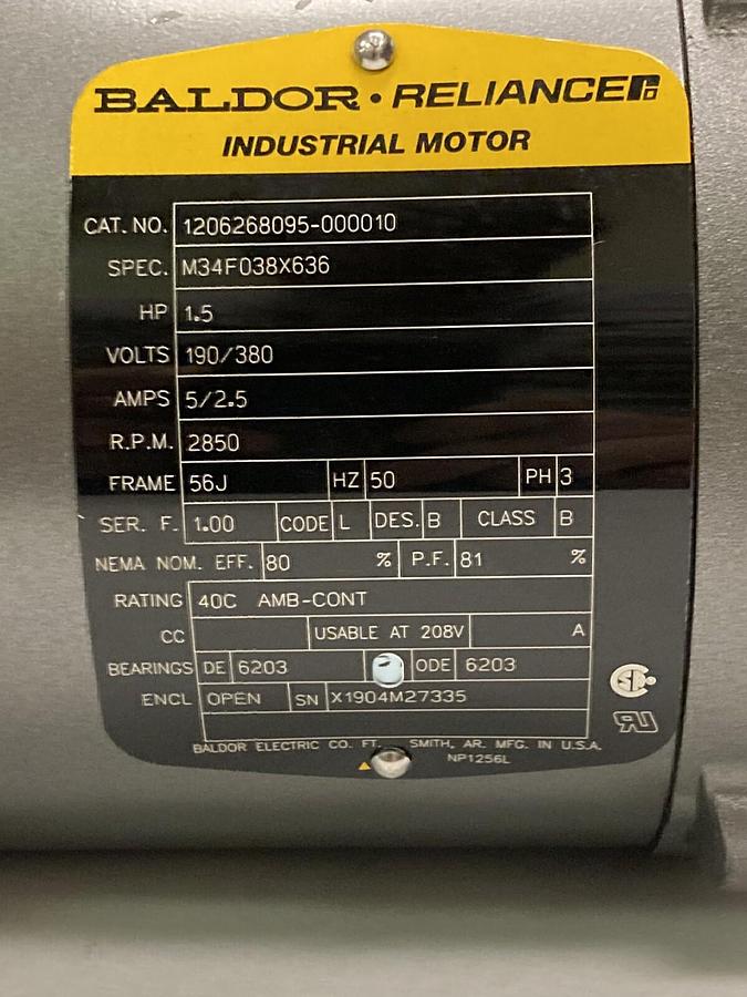 Baldor,1206268095-000010,1.5 HP AC Motor 2850 RPM 3ph 190/380V 56J Frame