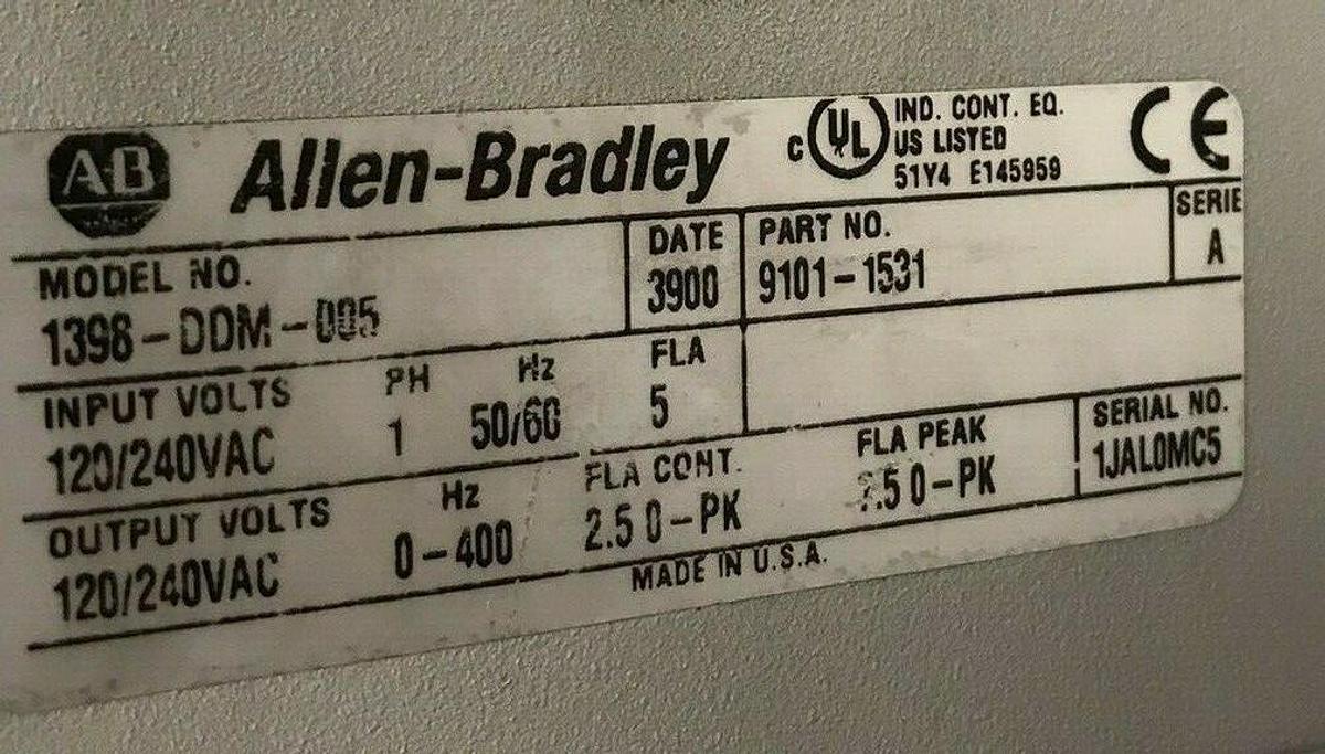 Used Allen Bradley,1398-DDM-005,Ultra Servo Drive 9101-1531 Series A