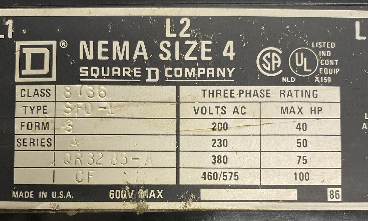 Used Square D,8736SF0-1,Size 4 Reversing Starter 135A 600V