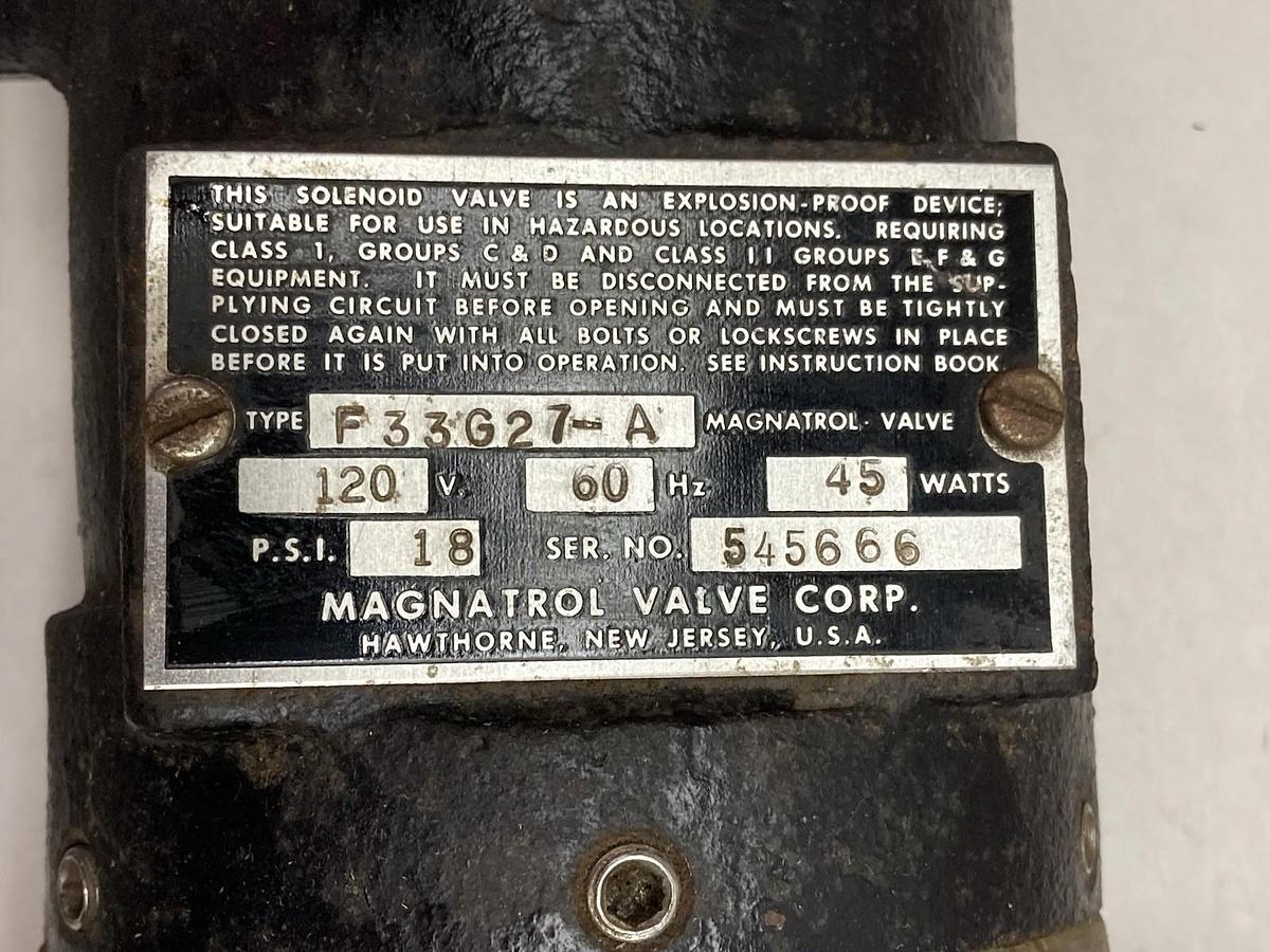 Magnatrol,Type F33G27-A,Solenoid Valve 60HZ 120V 45W 18PSI