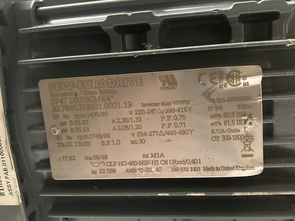 Used Sew-Eurodrive,SF47 DRN80MK4,Gearmotor Ratio 17.62  1435/81 RPM  220-240V
