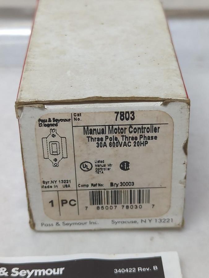 PASS & SEYMOUR,7803,MANUAL MOTOR CONTROLLER 3-POLE 3-PHASE 30A 600VAC 20HP NOS