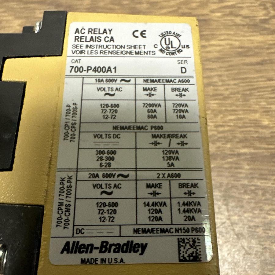 Used Allen-Bradley,700-P400A1,Ser D AC Relay