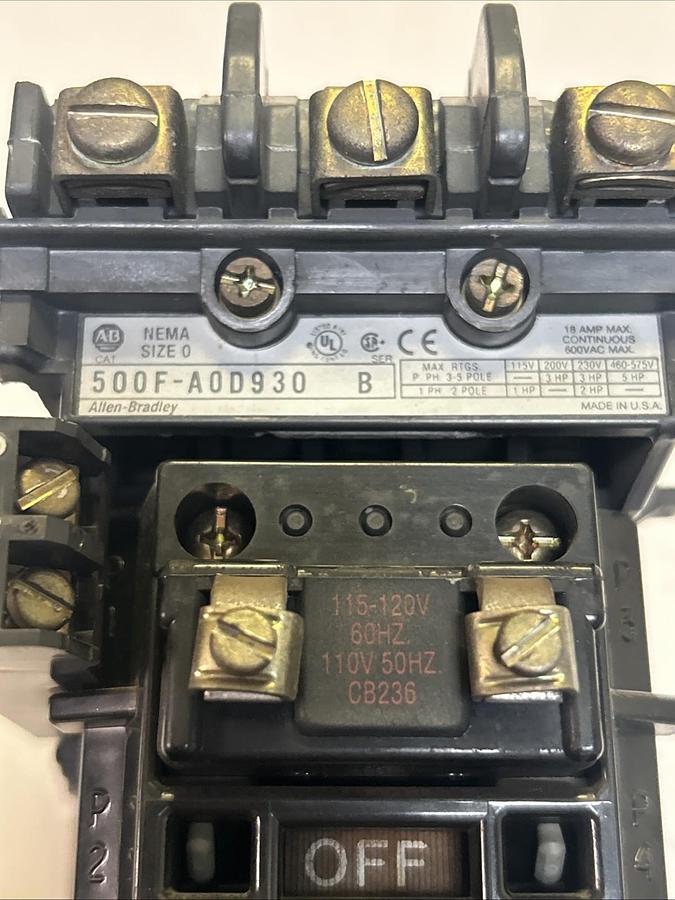 Used ALLEN BRADLEY,500F-A0D930,SIZE 0 MOTOR STARTER 18A 600V