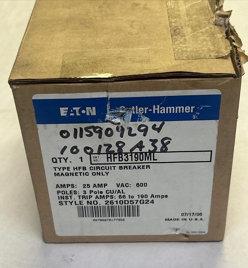 Used EATON CUTLER-HAMMER,HFB3190ML,CIRCUIT BREAKER 25A 600V 3P NEW