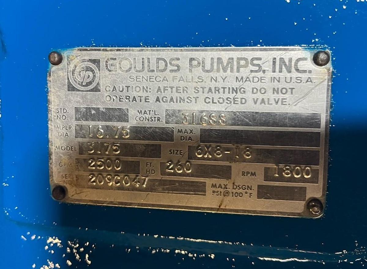 Used GOULDS,3175,CENTRIFUGAL PUMP 6X8-18 316SS 2500GPM