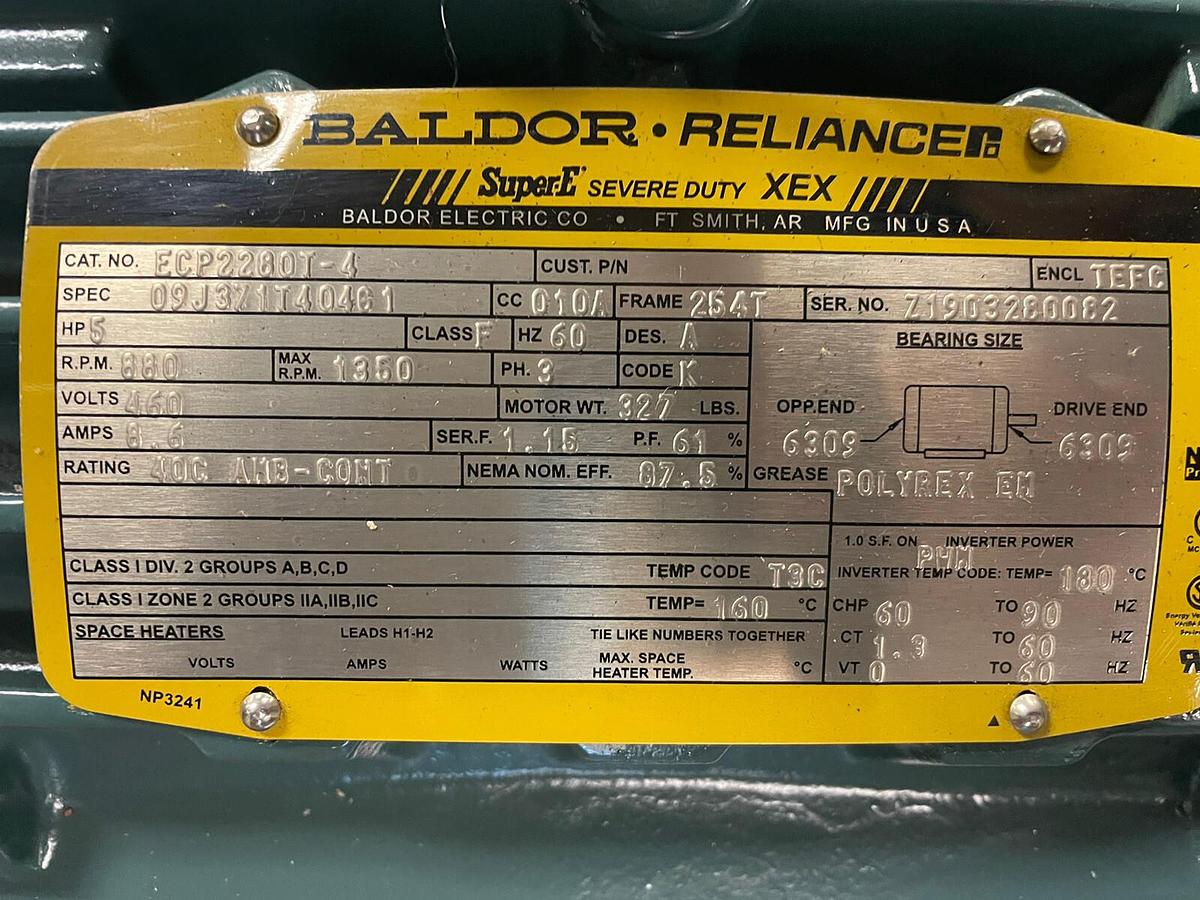 Used BALDOR,ECP2280T-4,SUPER E SEVERE DUTY XEX 5HP MOTOR 880RPM 460V 254T