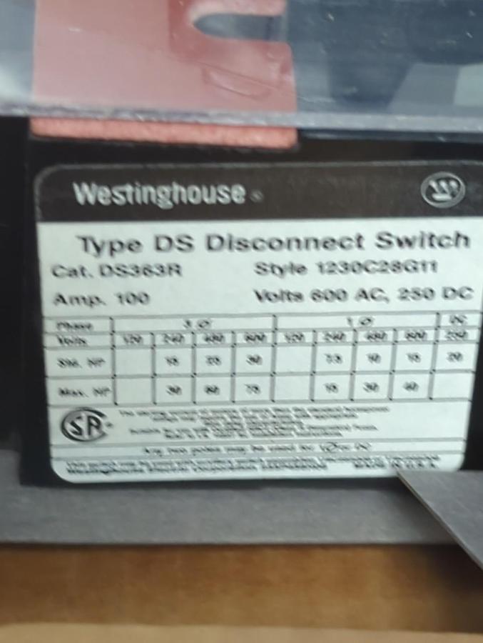 WESTINGHOUSE,DS363R,TYPE DS DISCONNECT SWITCH 3-POLE 100 AMP 600VAC 250VDC NOS
