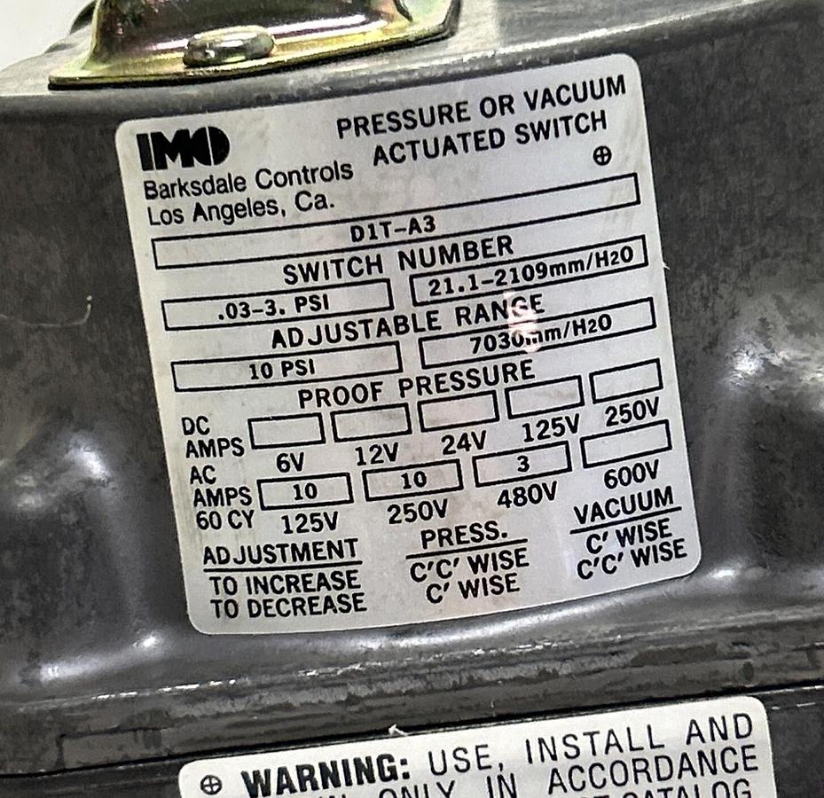 BARKSDALE,D1T-A3,PRESSURE OR VACUUM ACTUATED SWITCH NOS