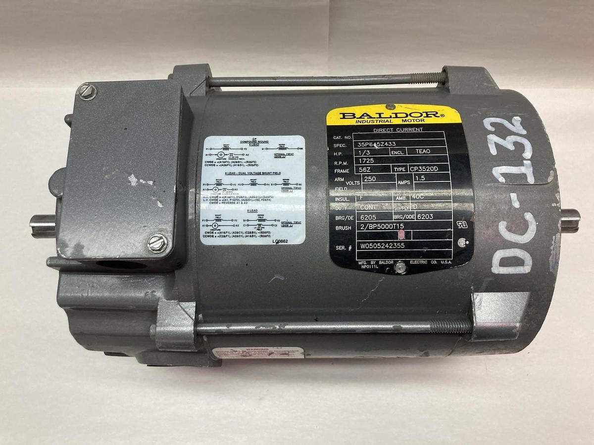 Used Baldor,56Z Frame,Dual Shaft Motor 1/3Hp 1725RPM 250V 1.5A