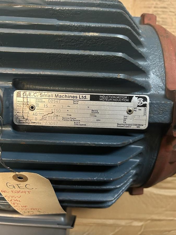 Used GEC SMALL MACHINES,D254T,MOTOR 15HP 575V 1750RPM 3PH D254T FRAME