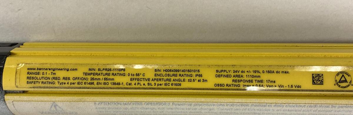Used Banner,SLPR25-1110P8,Light Curtain Receiver 24 VDC Res 25 mm; Range: 0.1 to 7 m
