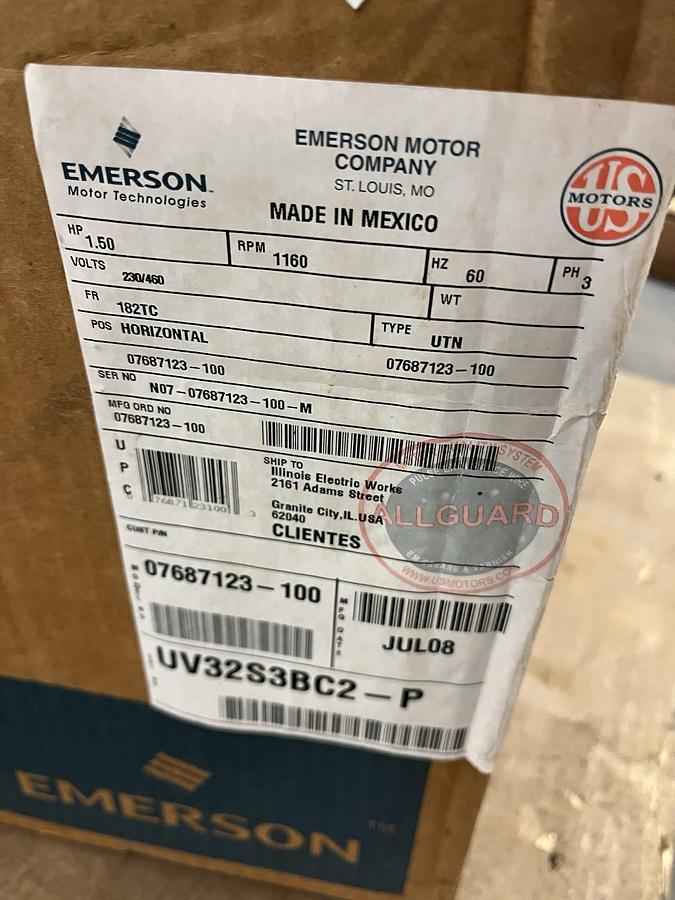 EMERSON US MOTORS,UV32S3BC2-P,ELECTRIC MOTOR UTN 1.5HP 1160RPM 3PH 182TC