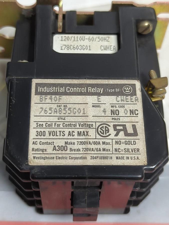 Used WESTINGHOUSE,765A855G01,CONTROL RELAY BF40F MODEL E PRE-OWNED