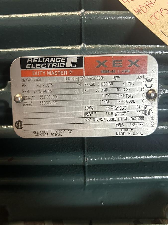 Used RELIANCE,P32G3320M,MOTOR 40HP 460V 1775RPM 3PH 324T FRAME