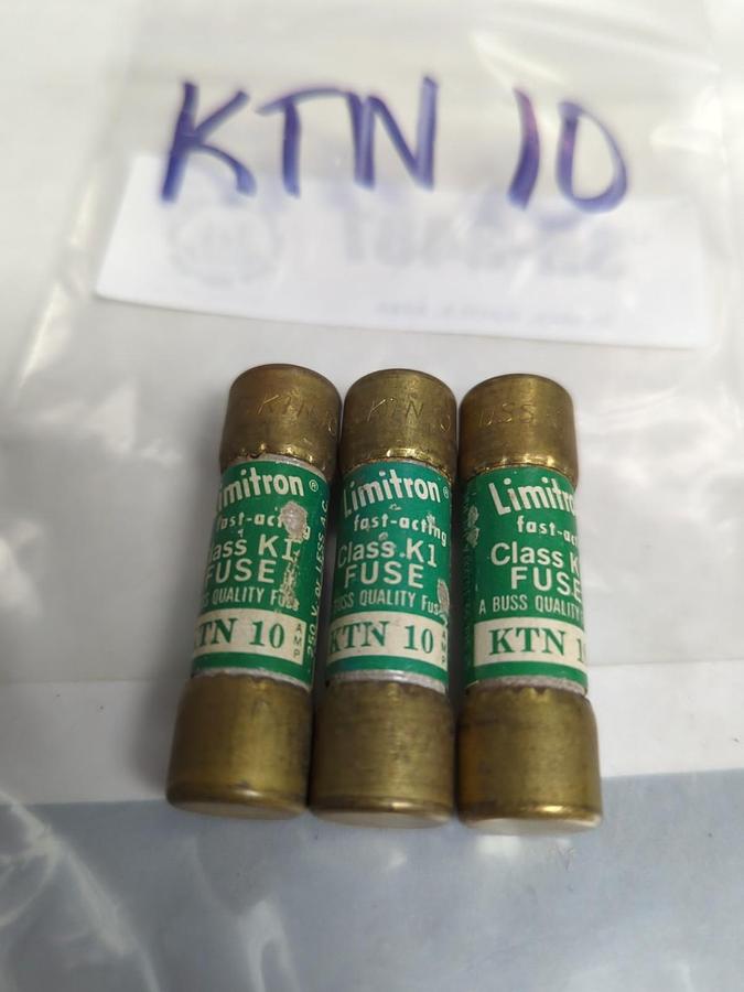 Used COOPER BUSSMANN,KTN-10,LIMITRON 10 AMP FUSE LOT OF 3 PRE-OWNED