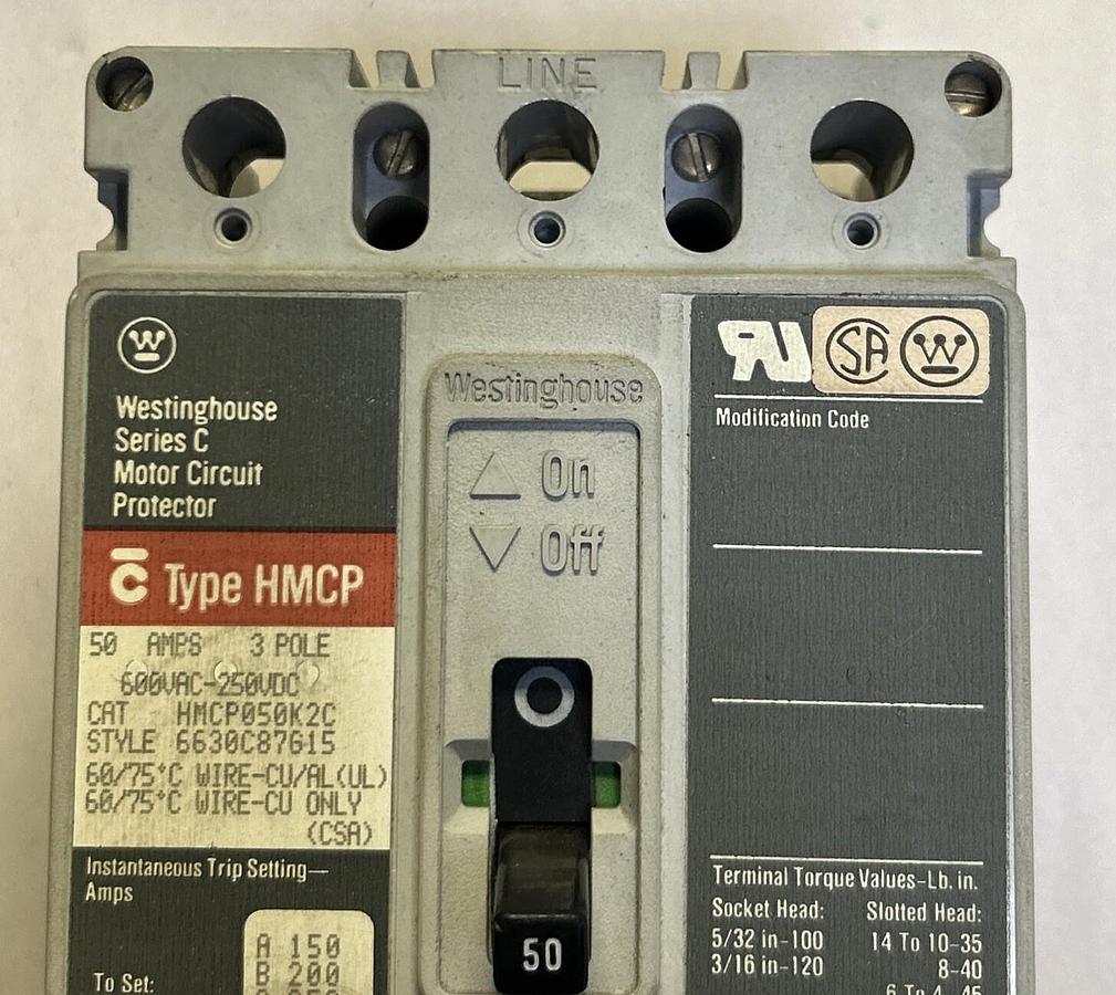 Used WESTINGHOUSE,HMCP050K2C,CIRCUIT BREAKER 50A 600V 3P