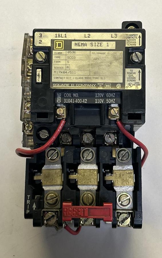 Used SQUARE D,8536SC03,STARTER SIZE 1 110/120V COIL