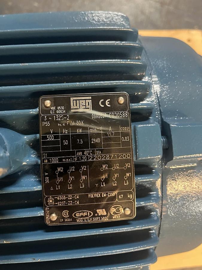 WEG,1ETEIF3IXP7.502E,MOTOR 7.5kW 10HP 500V 3PH IP55 132S 2940RPM