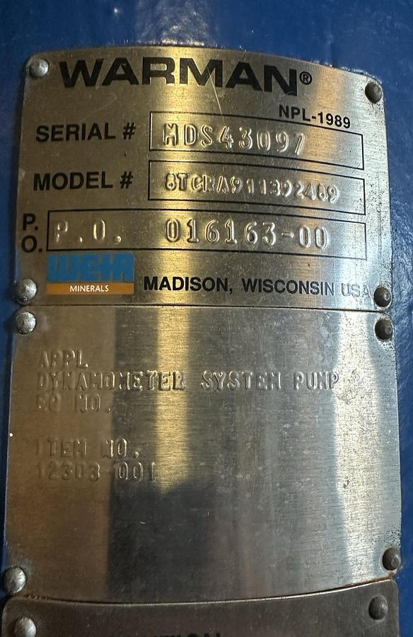 Weir/Warman,MDS43097,4" Vertical Slurry Pump w/75Hp Motor