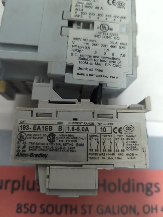 Used ALLEN BRADLEY,100-C09*400,CONTACTOR W/ 193-EA1EB OVERLOAD RELAY PRE-OWNED
