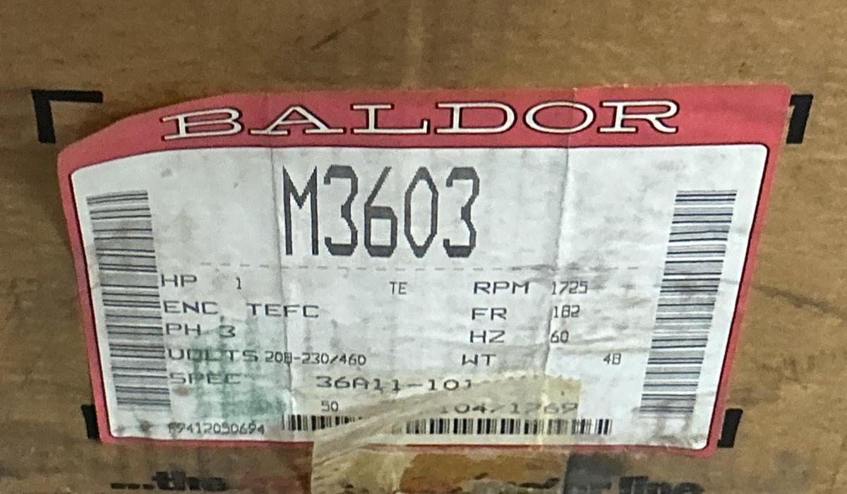 BALDOR,M3603,MOTOR 1HP 1725RPM 208-230/460V 3PH 182 FRAME NOS