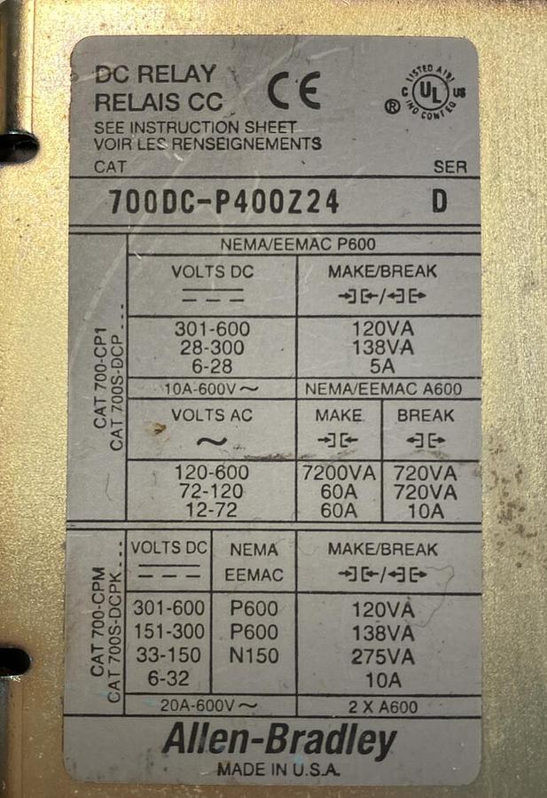 Used Allen-Bradley,700DC-P400Z24,SER D DC Relay