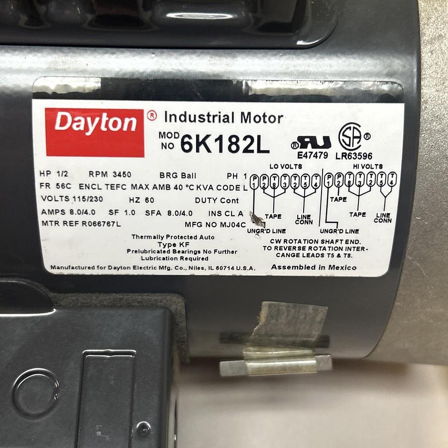 DAYTON,6K182L,INDUSTRIAL MOTOR 1/2HP 115/230V 3450RPM 1PH 56C FRAME