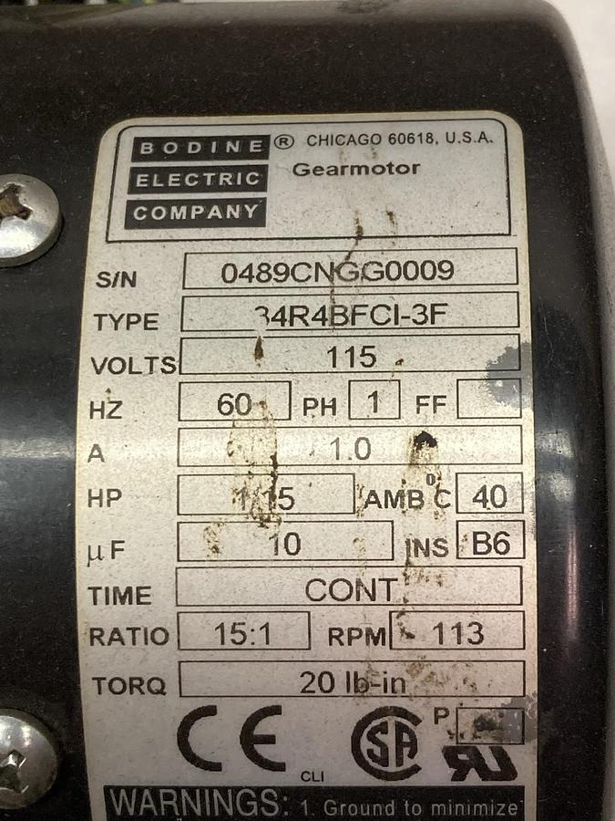Used Bodine,34R4BFCI-3F,1-Phase Gear Motor 1/15Hp 113rpm Ratio 15:1