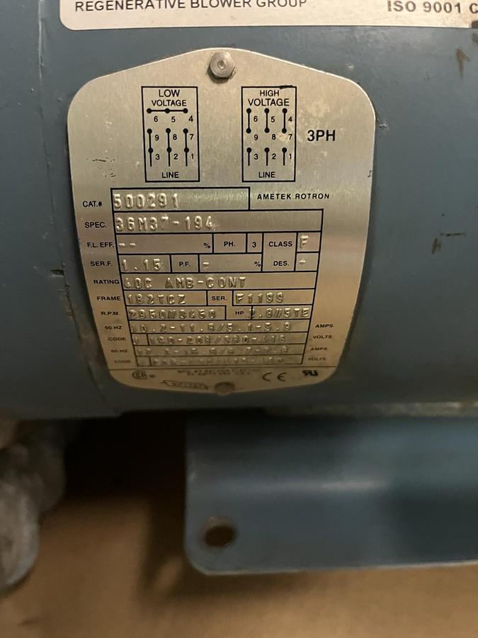 Used AMETEK,DR6D89,REGENERATIVE BLOWER 5HP 3PH