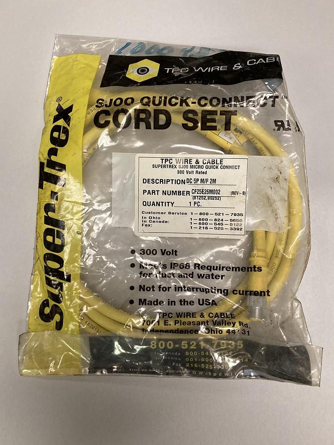 Used TPC Supertrex,CF25E26M002,Male Female DC Extension Cord Set