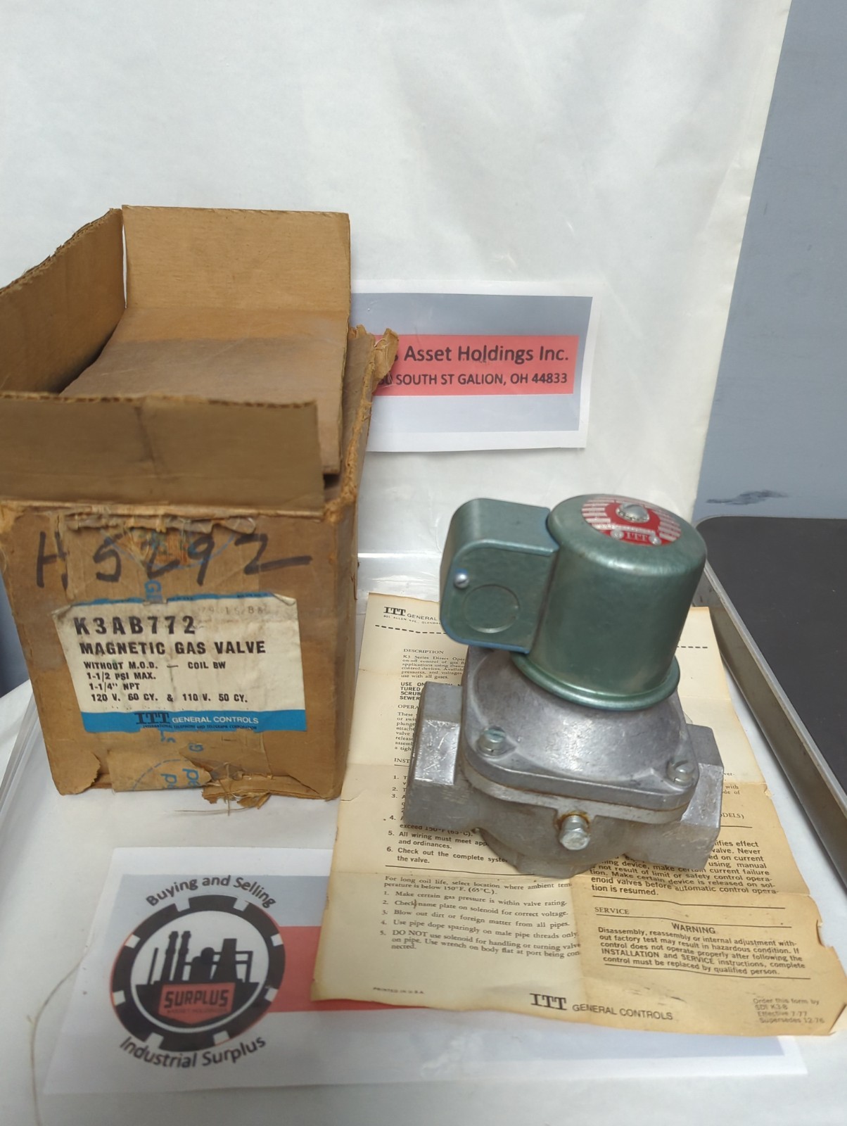 GENERAL CONTROLS,K3AB772,MAGNETIC GAS VALVE 1-1/2 PSI 1-1/4NPT NOS