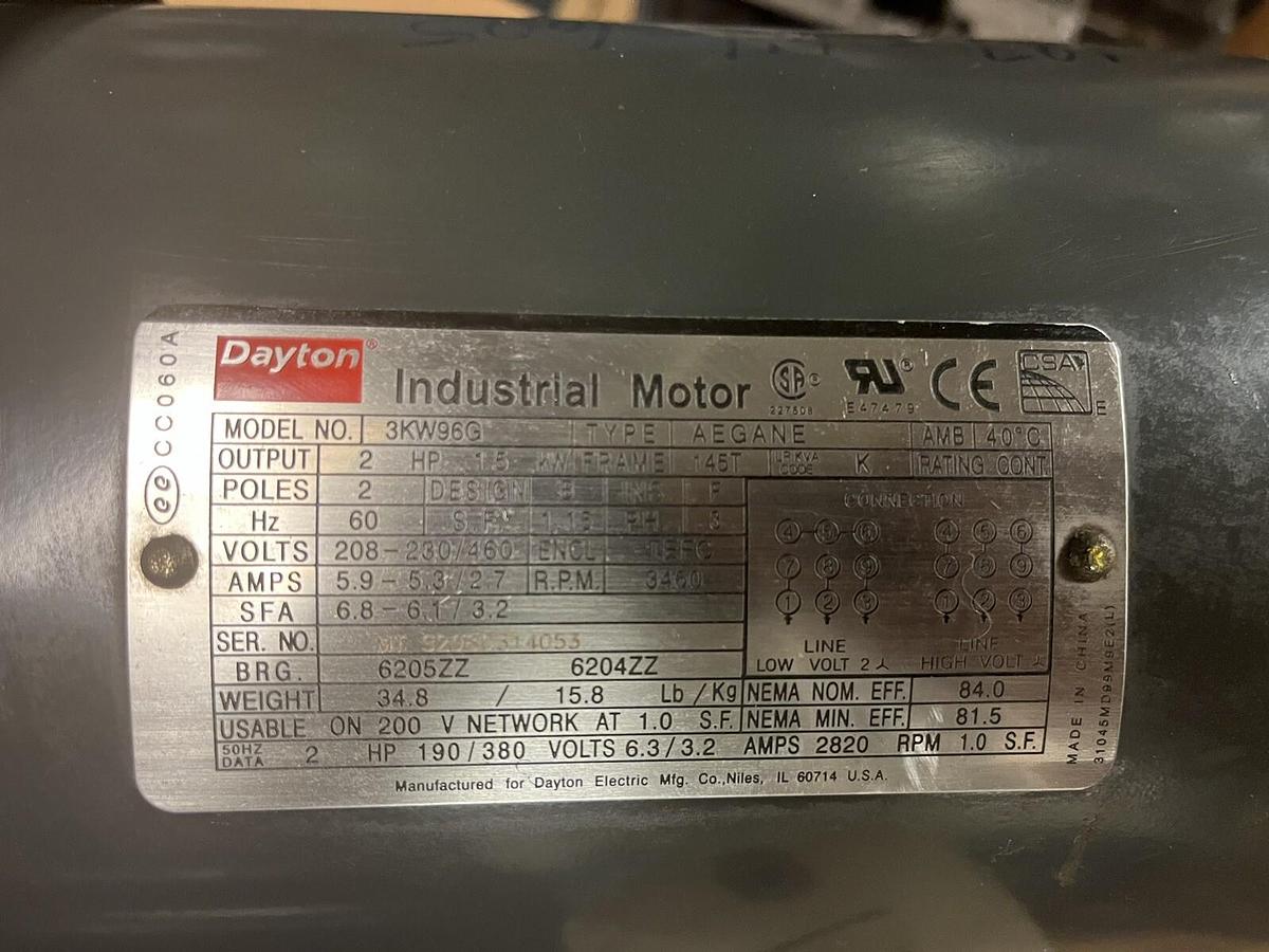 Used DAYTON,3KW96G,MOTOR 2HP AEGANE 3460RPM 3PH 145T