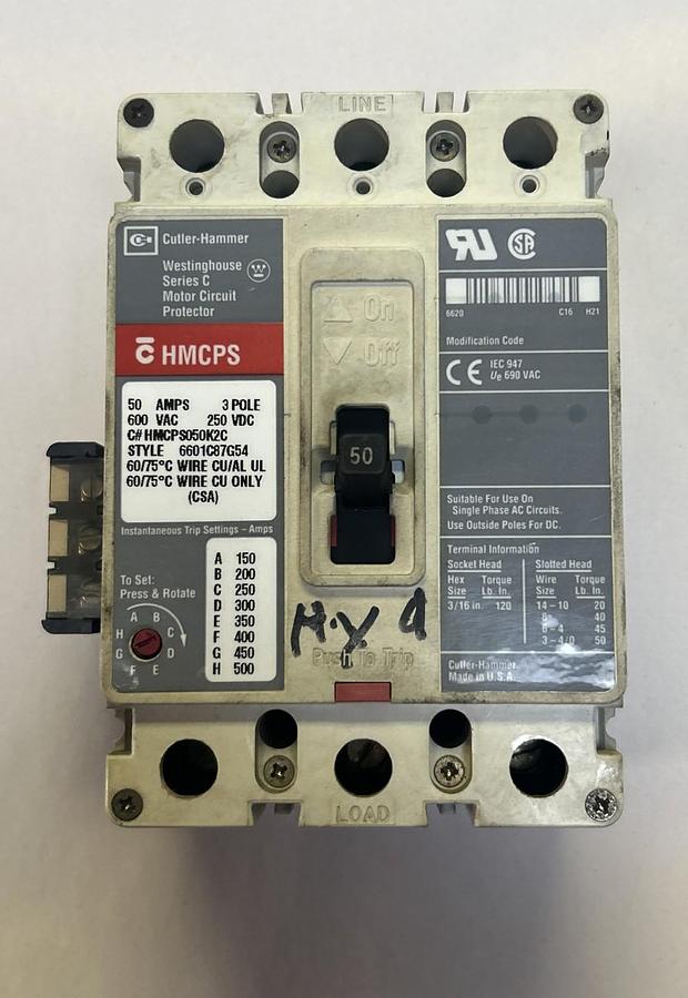 Used CUTLER-HAMMER,HMCPS050K2C,CIRCUIT BREAKER 50A 600V 3P