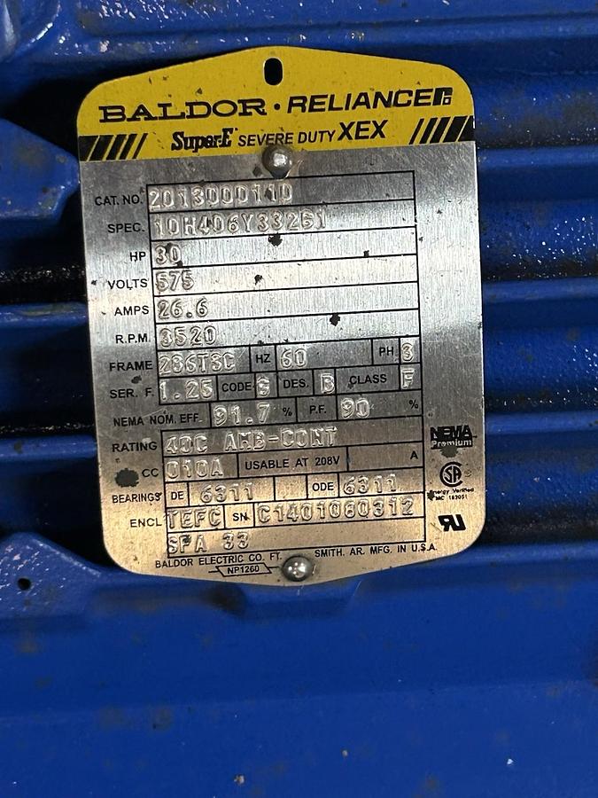 BALDOR,2013000110,SUPER-E SEVERE DUTY XEX MOTOR 30HP 575V 3520RPM 3PH 286TC FR