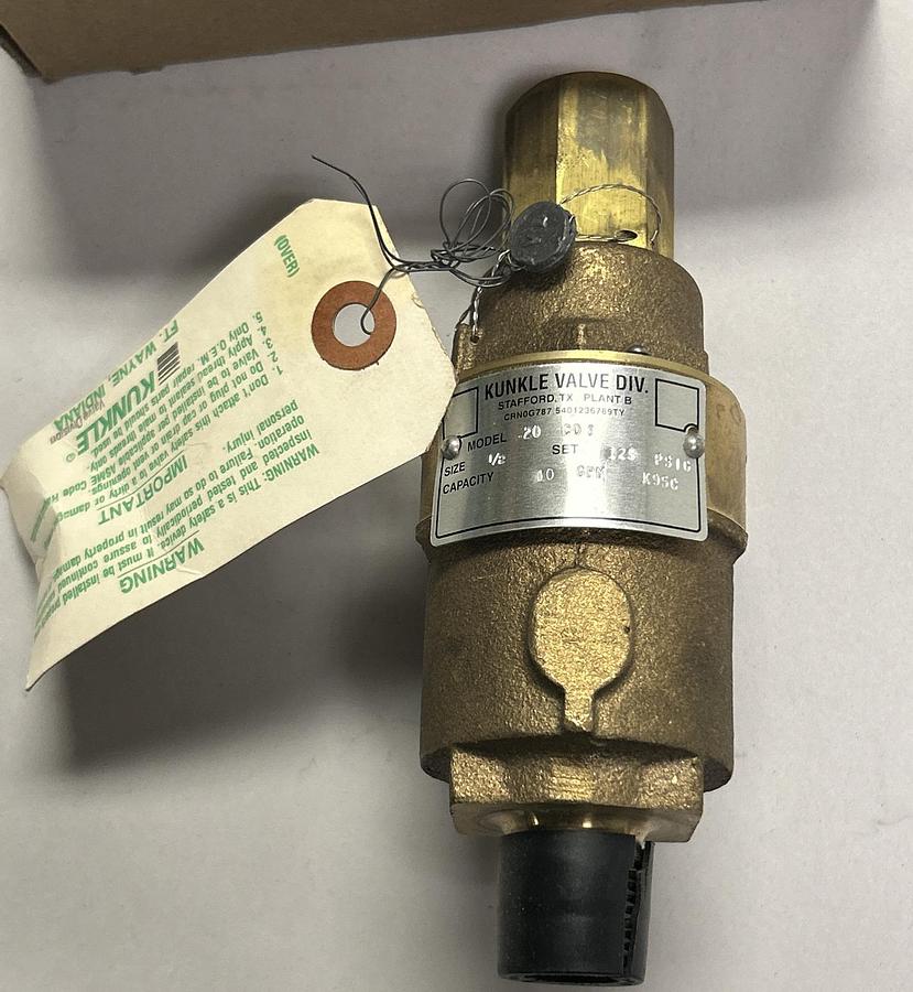 Used KUNKLE,0020-C01-MG0125,1/2 INCH X3/4 INCH 125PSI RELIEF VALVE NEW