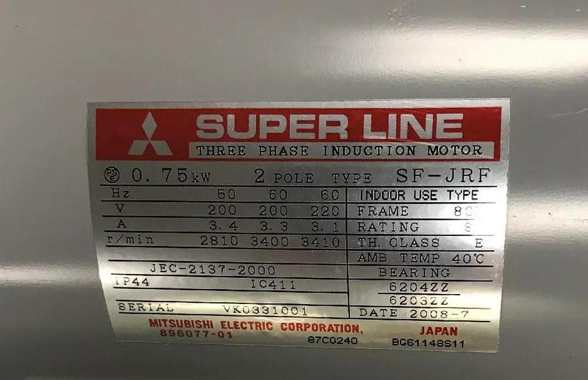 Mitsubishi Super LIne,SF-JFR-0.75KW,Induction Motor 200-220V 2 Pole Frame 80M