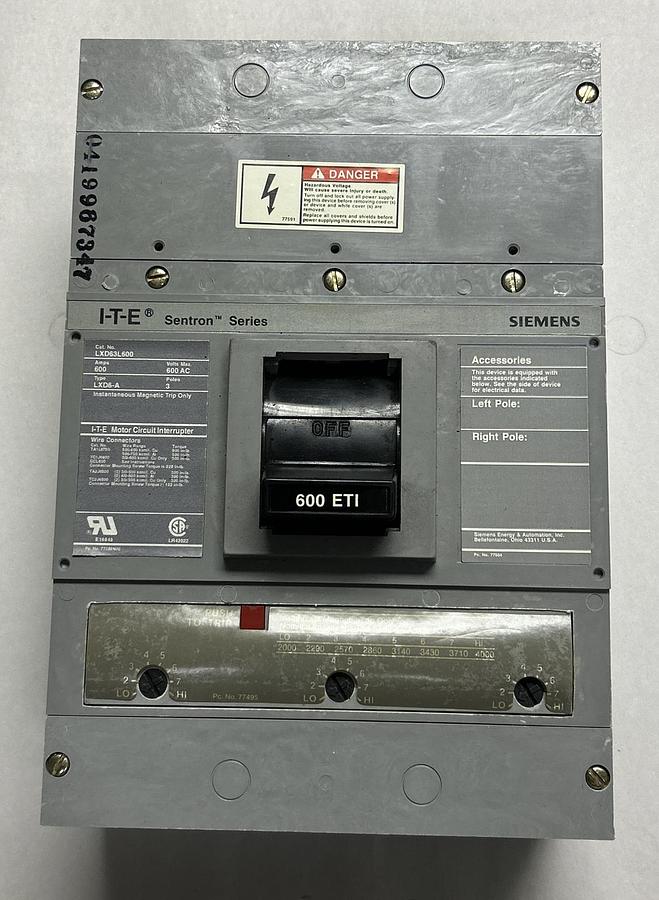 SIEMENS,LXD63L600,TYPE LXD6-A CIRCUIT BREAKER 600A 600V 3P NOS
