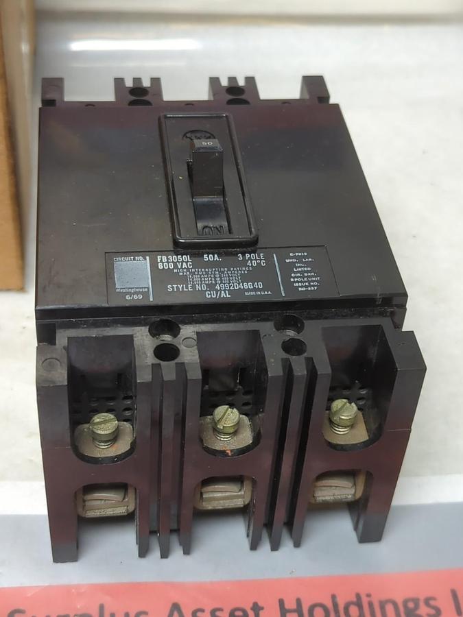 WESTINGHOUSE,FB3050L,CIRCUIT BREAKER 3-POLE 50 AMP NOS