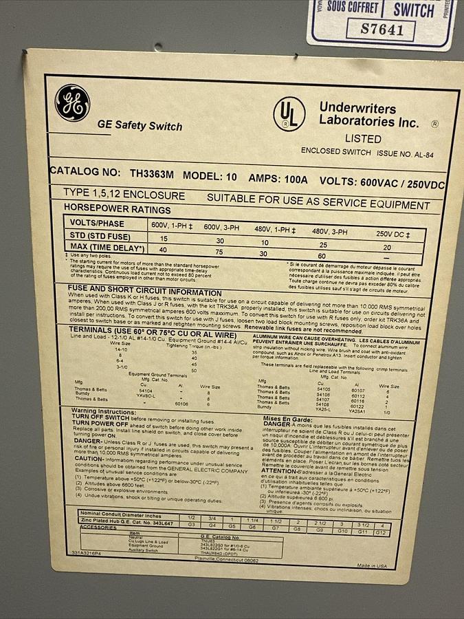 GE,TH3363M,Safety Switch 100Amp 600VAC Type 12