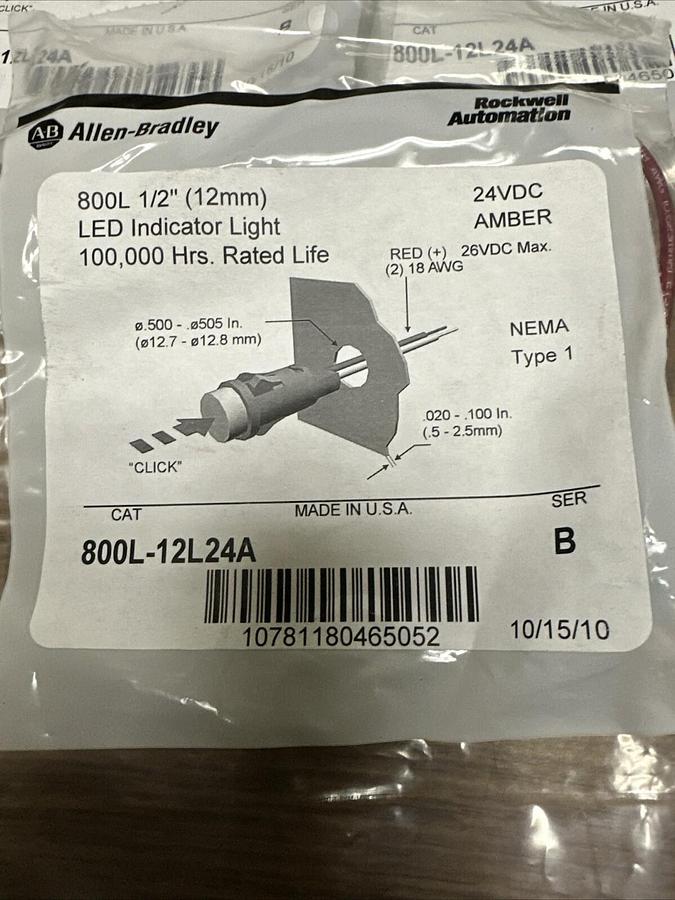 Allen Bradley,800L-12L24A,Amber LED Indicator Light Pack of 3