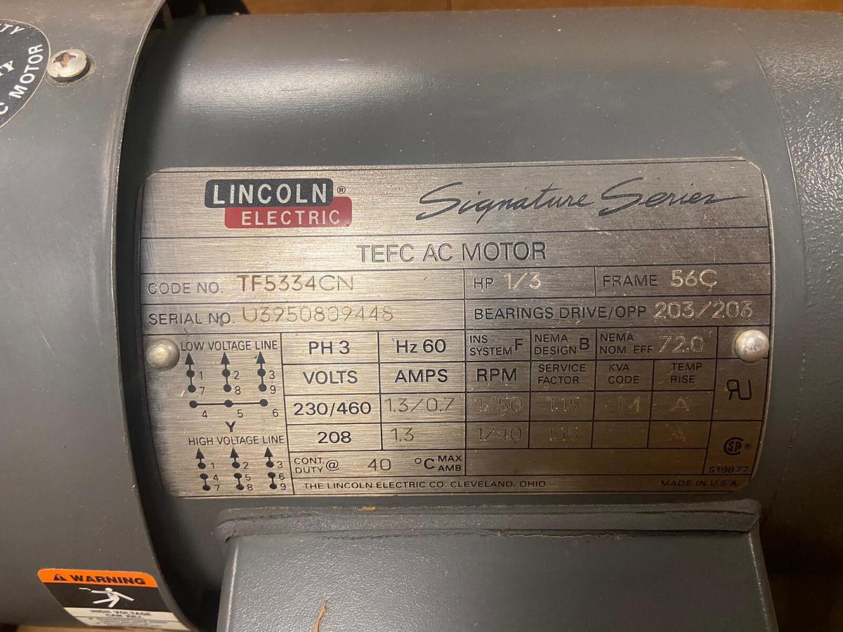Used Lincoln,TF5334CN,1/3HP Motor 1750RPM 230/460V Frame 56C